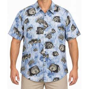 Roundtree & Yorke Shirt Men Large Blue Silk Hawaiian Fish Print Pocket Button-Up